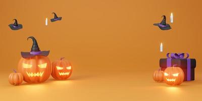 fundo de tema laranja de festa de halloween. chapéu de bruxa de vela de abóbora laranja ilustração 3d foto