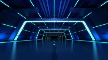 túnel futurista, sci fi azul brilhante, luzes de neon led, espaço vazio reflexivo, fundo virtual cibernético, renderização em 3d. foto