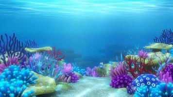recife de coral colorido sob o mar, fundo do mundo subaquático do oceano, renderização em 3d. foto