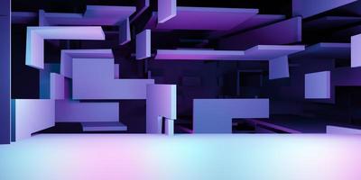 renderização 3D de fundo geométrico abstrato roxo e azul. cena para publicidade, tecnologia, vitrine, banner, cosmético, moda, esporte, negócios, metaverso. ilustração de ficção científica. exibição do produto foto