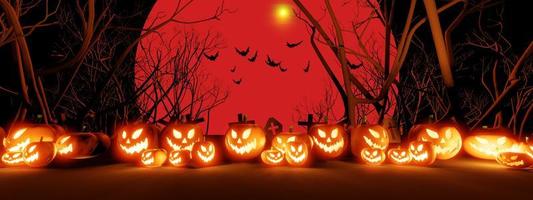 sorriso de abóboras de halloween e olhos assustadores com fundo de morcegos e sepulturas. com uma grande lua de sangue, renderização 3d, banner. foto