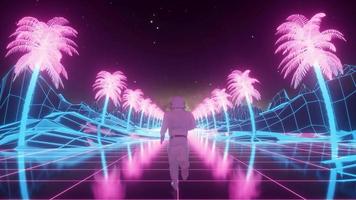 astronauta corre cercado por luzes de néon piscando. conceito de música e retrowave. ilustração 3D foto