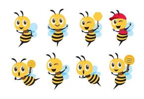 mascote de abelha bonito dos desenhos animados de design plano conjunto com poses diferentes. abelha bonito dos desenhos animados mostrando sinal de vitória, segurando uma concha de mel e boné. ilustração de abelha plana foto