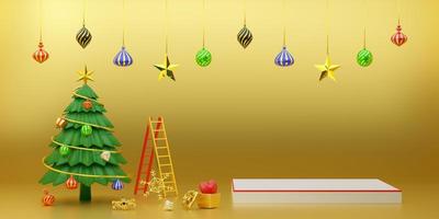 pódio vazio e árvore de natal com caixa de presente e ornamentos em composição de ouro para exibição de palco moderno e maquete minimalista, conceito de natal e um ano novo festivo, ilustração 3d ou renderização 3d foto