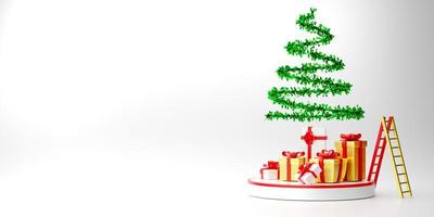 árvore de natal verde com caixa de presente e enfeites em composição branca para exibição de palco moderno e maquete minimalista, conceito de natal e um ano novo festivo, ilustração 3d ou renderização 3d foto