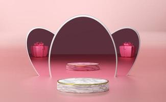 pódio vazio com formas geométricas em composição pastel rosa para exibição de palco moderno e maquete minimalista, fundo de vitrine abstrato, ilustração 3d do conceito ou renderização 3d foto