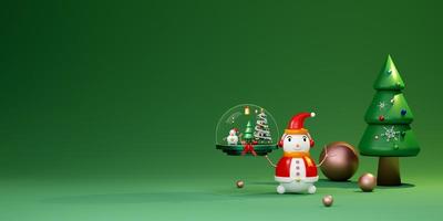 globo de neve e árvore de natal com boneco de neve em composição verde para site ou cartaz ou cartões de felicidade, banner de natal e ano novo festivo, ilustração 3d realista ou renderização 3d foto