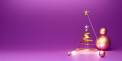 árvore de natal e ornamentos em composição roxa ou violeta para site ou pôster ou cartões de felicidade, banner de natal e ano novo festivo, ilustração 3d realista ou renderização 3d foto