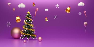 árvore de natal e ornamentos em composição roxa ou violeta para site ou pôster ou cartões de felicidade, banner de natal e ano novo festivo, ilustração 3d realista ou renderização 3d foto