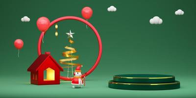 árvore de natal com pódio vazio e boneco de neve em composição verde para site ou cartaz ou cartões de felicidade, banner de natal e ano novo festivo, ilustração 3d realista ou renderização 3d foto