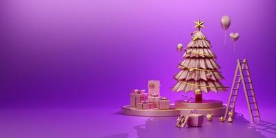 pódio com árvore de natal e enfeites em composição roxa ou violeta para exibição de palco moderno e maquete minimalista, conceito de natal e um ano novo festivo, ilustração 3d ou renderização 3d foto