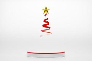 pódio vazio e árvore de natal com caixa de presente e enfeites em composição branca para exibição de palco moderno e maquete minimalista, conceito de natal e um ano novo festivo, ilustração 3d ou renderização 3d