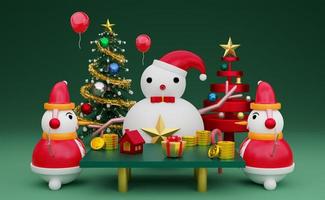 boneco de neve e mesa com árvore de natal e balão em composição verde para site ou cartaz ou cartões de felicidade, banner de natal e ano novo festivo, ilustração 3d realista ou renderização 3d foto