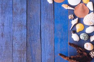 conchas e madeira no fundo da prancha de madeira pintada de azul com espaço de cópia foto