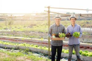 belo retrato jovem dois homens colheita e pegando horta orgânica fresca na cesta na fazenda hidropônica, agricultura para alimentação saudável e conceito de empresário de negócios. foto