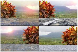 definir mesa superior com fundo desfocado de paisagem matinal, mesa de mármore foto