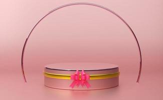 pódio vazio com formas geométricas em composição pastel rosa para exibição de palco moderno e maquete minimalista, fundo de vitrine abstrato, ilustração 3d do conceito ou renderização 3d foto