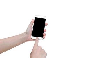 mulher usando telefone inteligente móvel isolado no fundo branco, traçado de recorte foto