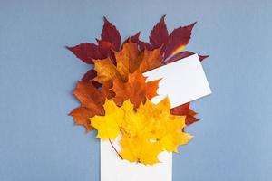 folhas de outono em maquete de envelope de papel foto