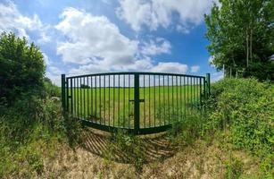 grande portão de metal verde para um campo verde foto
