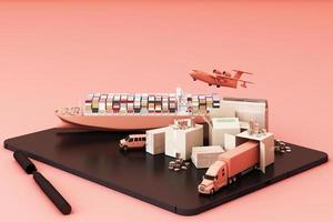 renderização 3D da caixa de engradado cercada por caixas de papelão, um navio porta-contentores de carga, um plano de voo, um carro, uma van e um caminhão em fundo branco