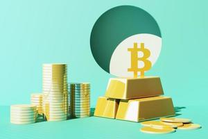 salvando bitcoin dourado no cofrinho, troca de dinheiro em moeda digital com criptomoeda, moeda com lucro, conceito de finanças em tom amarelo. renderização em 3D foto