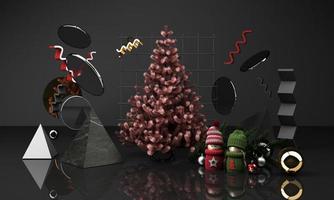 modelo de cartão de natal com árvore de natal e caixa de presente de doces ao redor por forma geométrica ouro e textura preta renderização em 3d foto