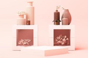 cena de cor rosa pastel de forma geométrica abstrata mínima com decoração e adereço, design para renderização 3d de pódio de exibição de cosméticos ou produtos foto