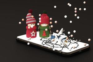 celular com enfeites de natal. árvore de natal e presentes ao lado em fundo preto. renderização em 3D foto