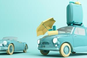 carro retrô conceito com bagagem cercada por equipamentos de viagem em tom de cor verde. renderização em 3D foto