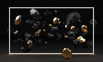 renderização 3D de pedestal de mármore preto isolado em fundo preto, rocha de forma livre de ouro redondo, conceito mínimo abstrato, espaço em branco, design limpo, maquete minimalista de luxo, quadro de iluminação crescendo foto