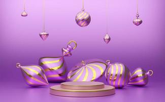 pódio vazio com formas geométricas em composição roxa ou violeta para exibição de palco moderno e maquete minimalista, conceito de natal e um ano novo festivo, ilustração 3d ou renderização 3d foto