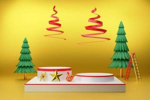 pódio vazio e árvore de natal com caixa de presente e ornamentos em composição de ouro para exibição de palco moderno e maquete minimalista, conceito de natal e um ano novo festivo, ilustração 3d ou renderização 3d foto