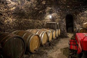 interior da adega com grandes barris de madeira na bulgária. foto