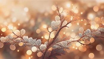 brilhos brilham em galhos em um padrão. modelo de fundo desfocado de prata clara para o natal e ano novo. banner de decoração de férias de inverno requintado com galhos de glitter prata. ilustração 3D.