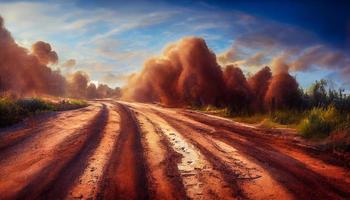 nuvem de areia de poeira em uma estrada empoeirada. espalhando trilha na pista de movimento rápido. ilustração digital foto