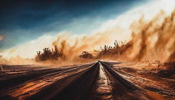 nuvem de areia de poeira em uma estrada empoeirada. espalhando trilha na pista de movimento rápido. ilustração digital foto