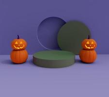 renderização 3D do lado da abóbora de halloween do pódio dentro da vela brilhando, elemento mínimo de design de fundo de halloween foto