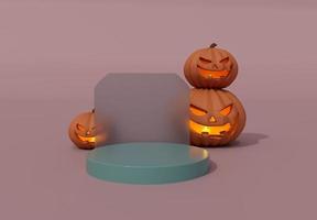3d renderização de abóbora de halloween, pódio além de vidro, dentro de vela brilhando, elemento mínimo de design de fundo de halloween foto