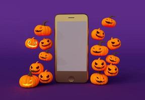 3d renderização de abóbora de halloween com smartphone dourado, vela dentro brilhando, elemento de design de fundo mínimo de halloween foto