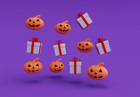 3d renderização de abóbora de halloween e caixa de presente, elemento mínimo de design de fundo de halloween foto