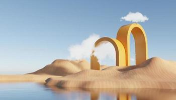 areia de penhasco de duna abstrata com arcos metálicos e céu azul limpo. fundo de paisagem natural do deserto mínimo surreal. cena do deserto com design geométrico de arcos metálicos brilhantes. renderização 3D. foto