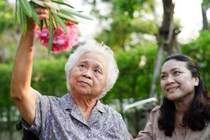 mulher idosa asiática desfruta no jardim de flores com cuidador no parque. foto