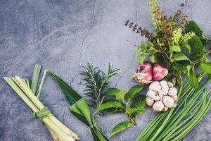 ervas frescas naturais e especiarias na chapa preta na cozinha para ingredientes alimentares - conceito de jardim de ervas de cozinha foto