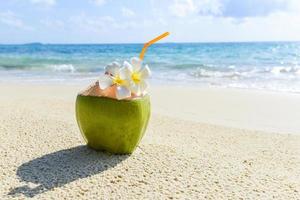 frutas tropicais de coco na água de fundo da praia de areia - verão de suco de coco fresco com flor no mar da praia em clima quente paisagem do oceano natureza férias ao ar livre, coco jovem foto