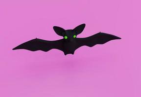 morcego malvado voando. fundo de halloween de morcego. renderização 3d dos desenhos animados de morcego. noite europeia do morcego. Halloween assustador outubro isolado no fundo rosa foto
