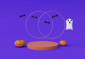 renderização 3D de halloween voando assustador, fantasma, abóbora, pódio, morcego, elemento mínimo de design de fundo de halloween foto