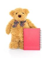 ursinho de pelúcia com caneta e caderno vermelho em branco foto
