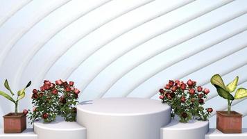 suporte de exibição de pedestal de pódio de produto 3d renderização de palco branco com árvore e flor foto