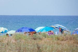 pessoas tomando sol sob guarda-sóis na praia foto